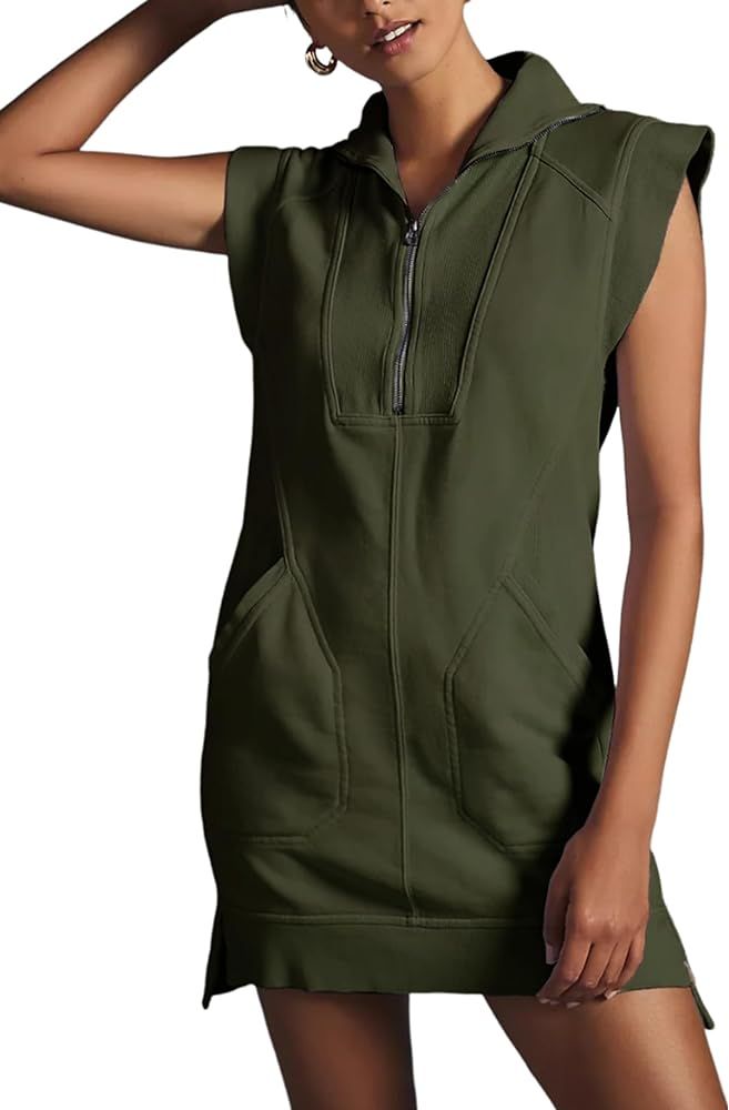 Qiaomai Womens Half Zip Sweatshirt Dresses Summer V Neck Sleeveless Pullover Tunic Tops Mini Dres... | Amazon (US)