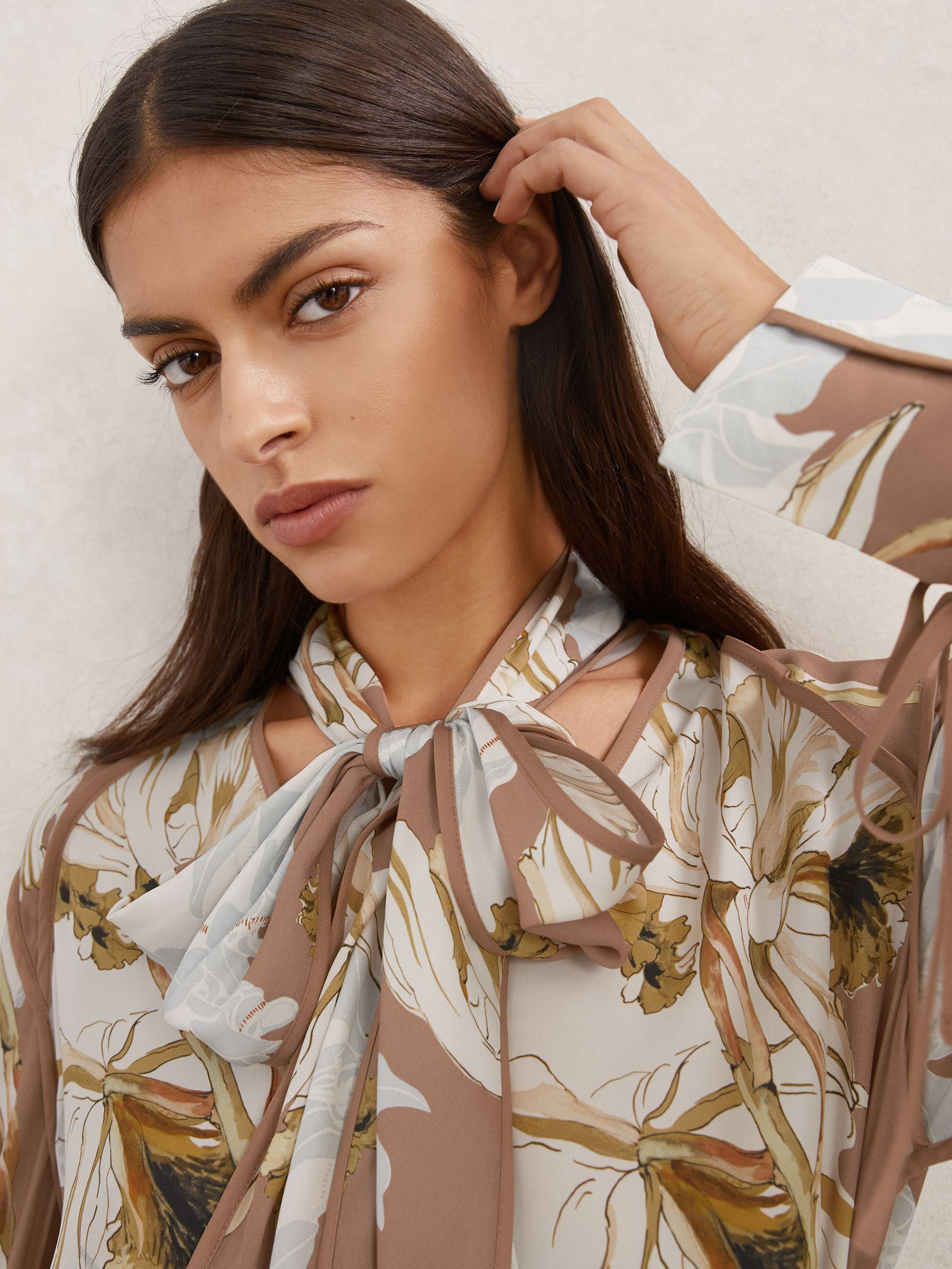 Reiss Floral-Print Tie-Neck Blouse in Pink/Ivory - REISS | Reiss UK