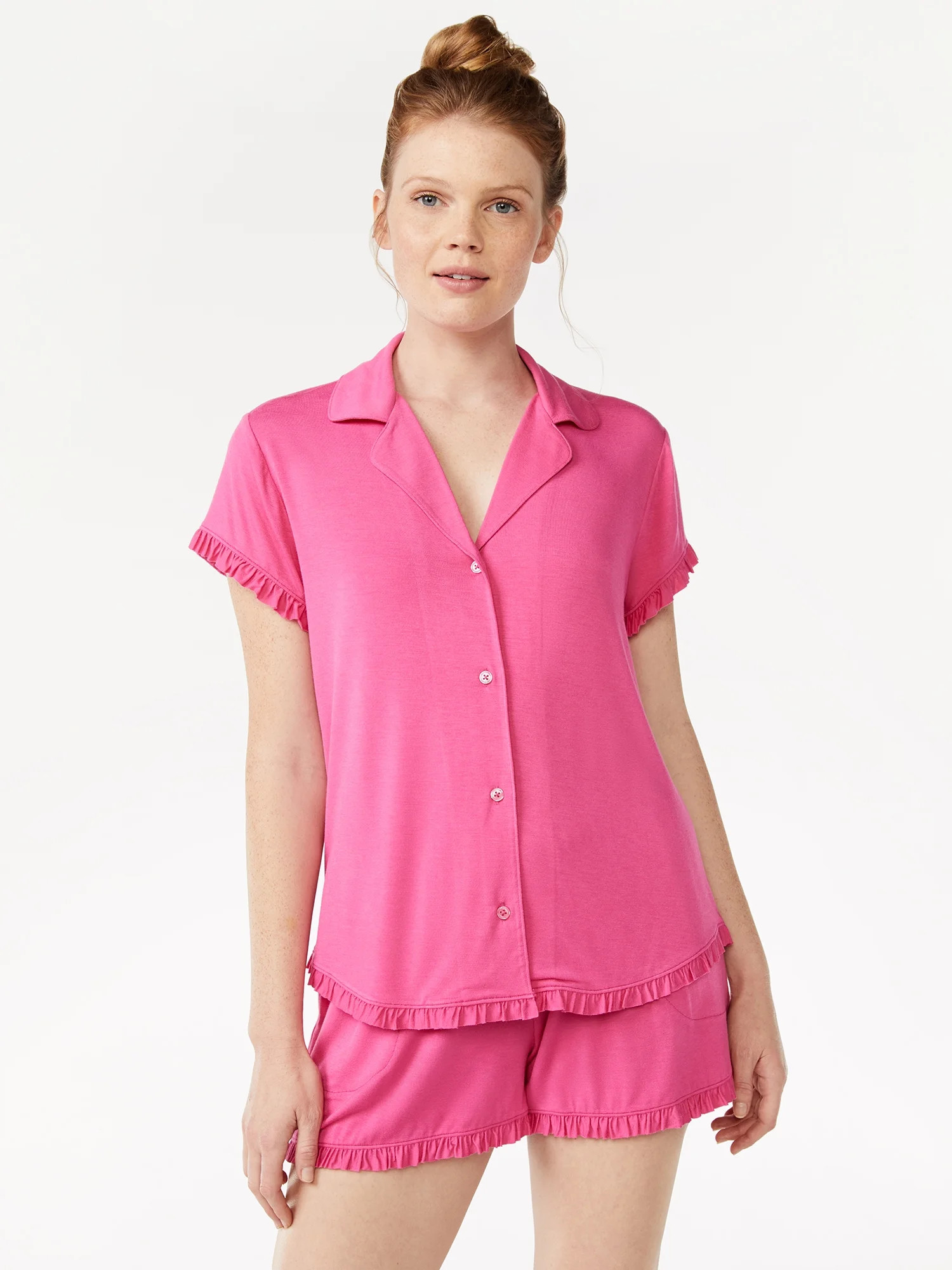 Joyspun Women's Notch Collar Shorty Pajama Set with Ruffles, Sizes S to 3X | Walmart (US)