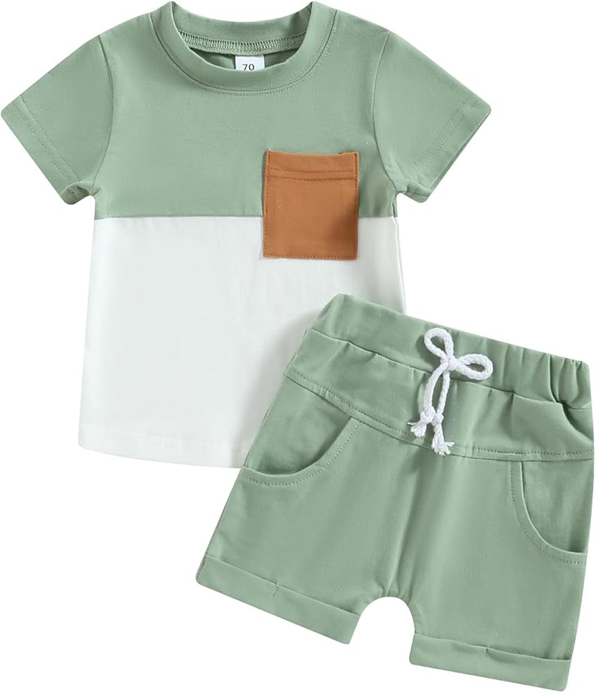 Infant Baby Boys Summer Color Block Clothes Sets Outfits Short T Shirt Elastic Striped Shorts Set... | Amazon (US)