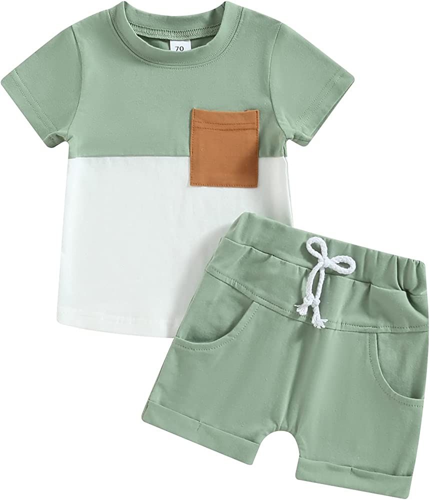 Toddler Boys Clothes Baby Boy Outfits Summer Short Sleeve Contrast Color Shirt Top Solid Drawstri... | Amazon (US)