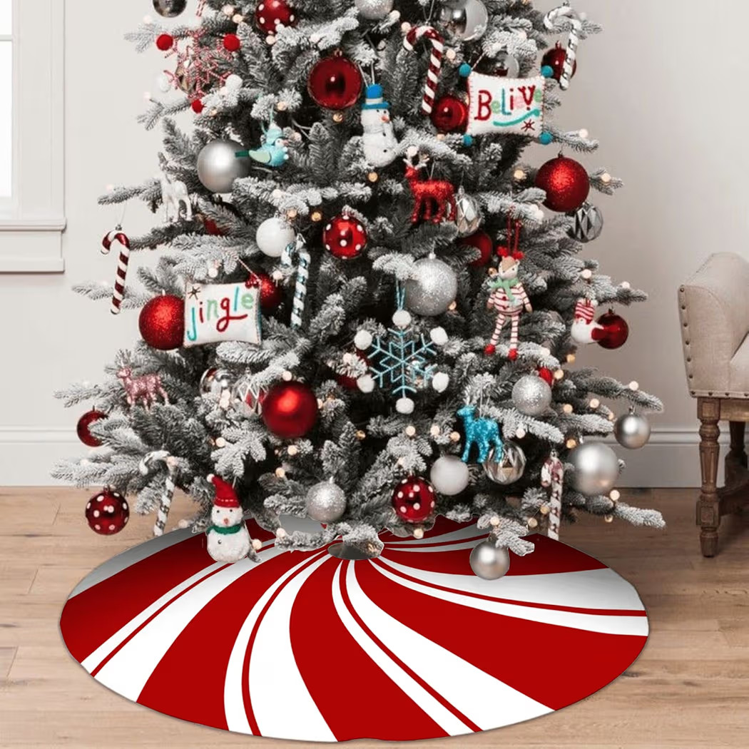 36 Inch Red Swirl Christmas Tree Skirt Sweet Candy Cane Red and White Ornaments Home Party Decora... | Amazon (US)