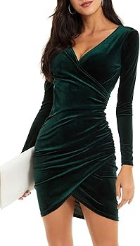 GUBERRY Womens Wrap V Neck Long Sleeve Velvet Bodycon Ruched Cocktail Party Dress | Amazon (US)