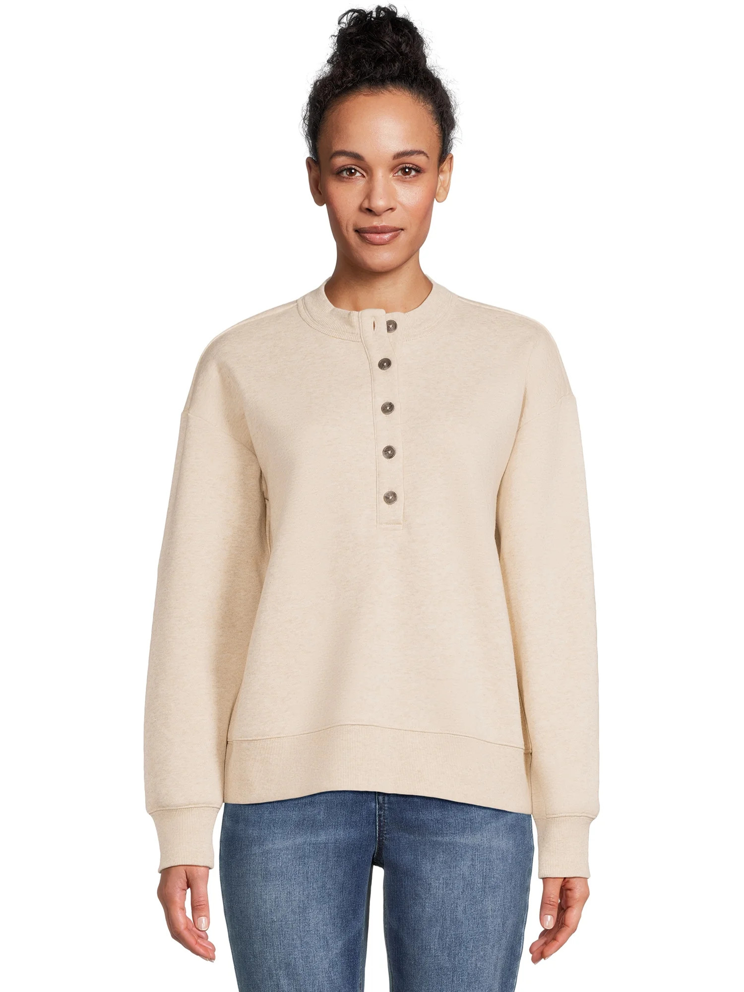 Time and Tru Women's Fleece Henley Pullover Sweatshirt with Long Sleeves, Sizes XS-XXXL - Walmart... | Walmart (US)