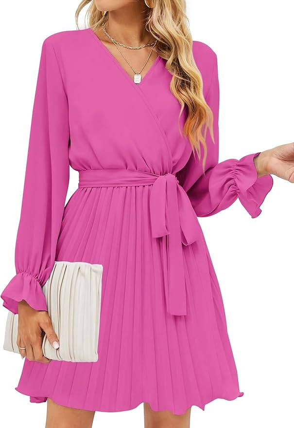 BBX Lephsnt Womens Wrap V Neck Dresses for Wedding Guest Casual Pleated Long Sleeve Mini Dress | Amazon (US)