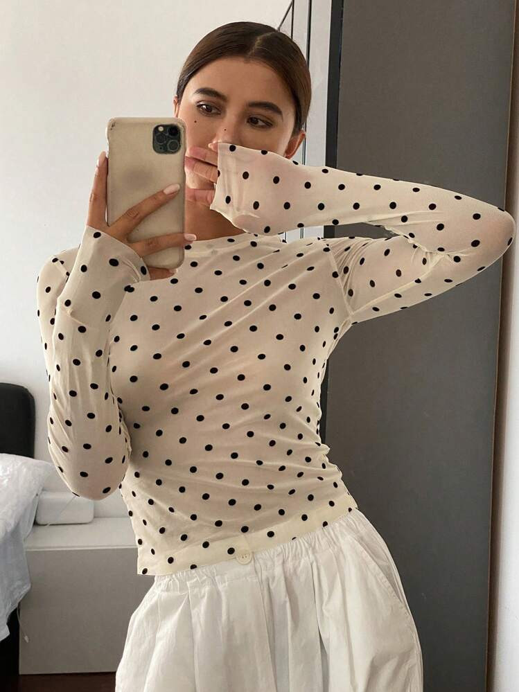 Livesso Blusa De Manga Larga De Cuello Redondo, Ajuste Delgado, Con Estampado De Lunares, Ropa De Otoño Para Mujer | SHEIN