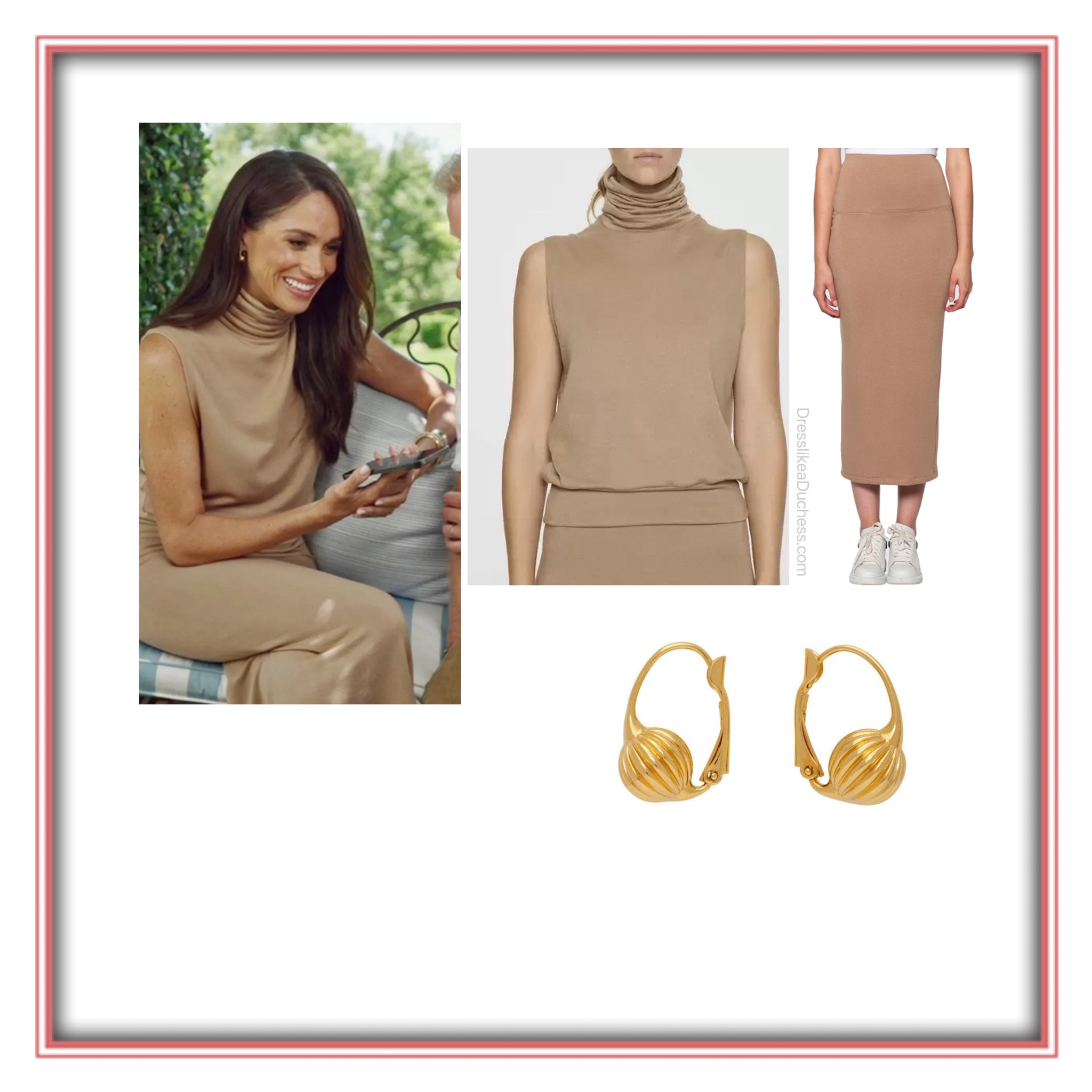 Meghan Markle Bleusalt turtleneck and tube skirt in camel, Lanvin sleeper earrings 
Memorial Day sale
