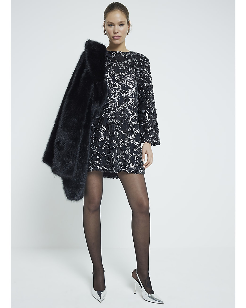 Silver Bow Back Sequin Shift Dress | River Island UK & IE