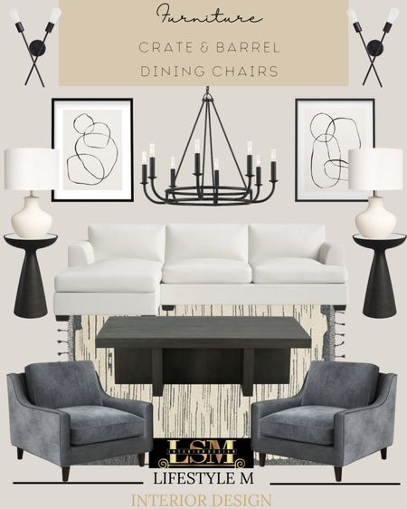 Transitional living room design inspiration. Recreate it at home if you love the look! White sectional sofa, black end tables, black coffee table, living room accent chairs, table lamps, living room chandelier, living room rug, wall art, wall sconce lights. 

#LTKSeasonal #LTKhome #LTKstyletip