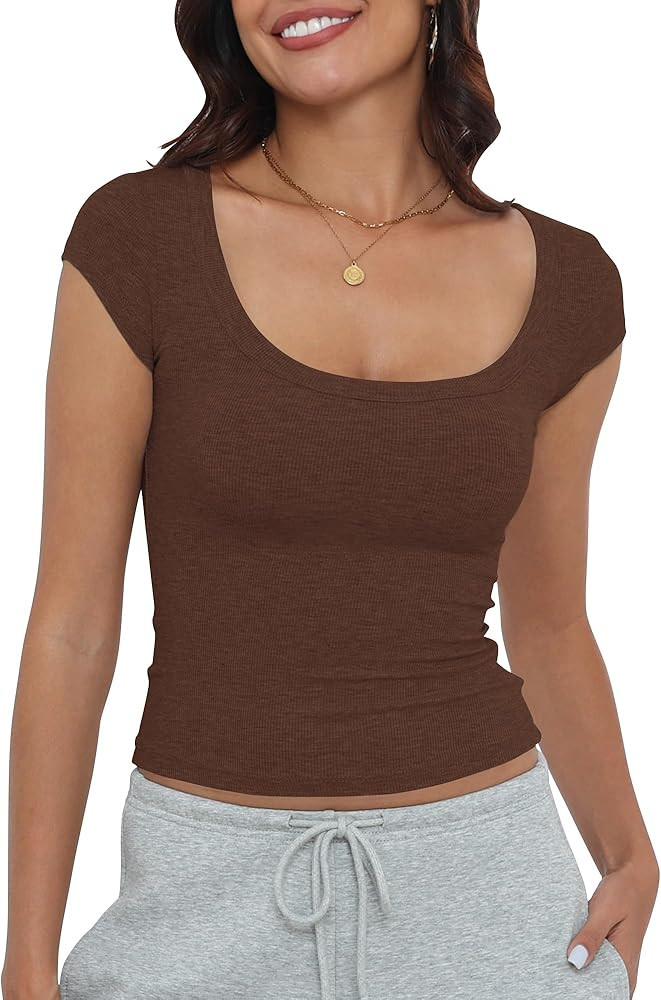 Artfish Women's Short Sleeve T-Shirts Low Scoop Neck Slim Fitted Ribbed Knit Casual Longer Crop T... | Amazon (US)