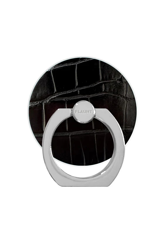 Black Crocodile Faux Leather Adhesive Phone Ring Stand | FLAUNT
