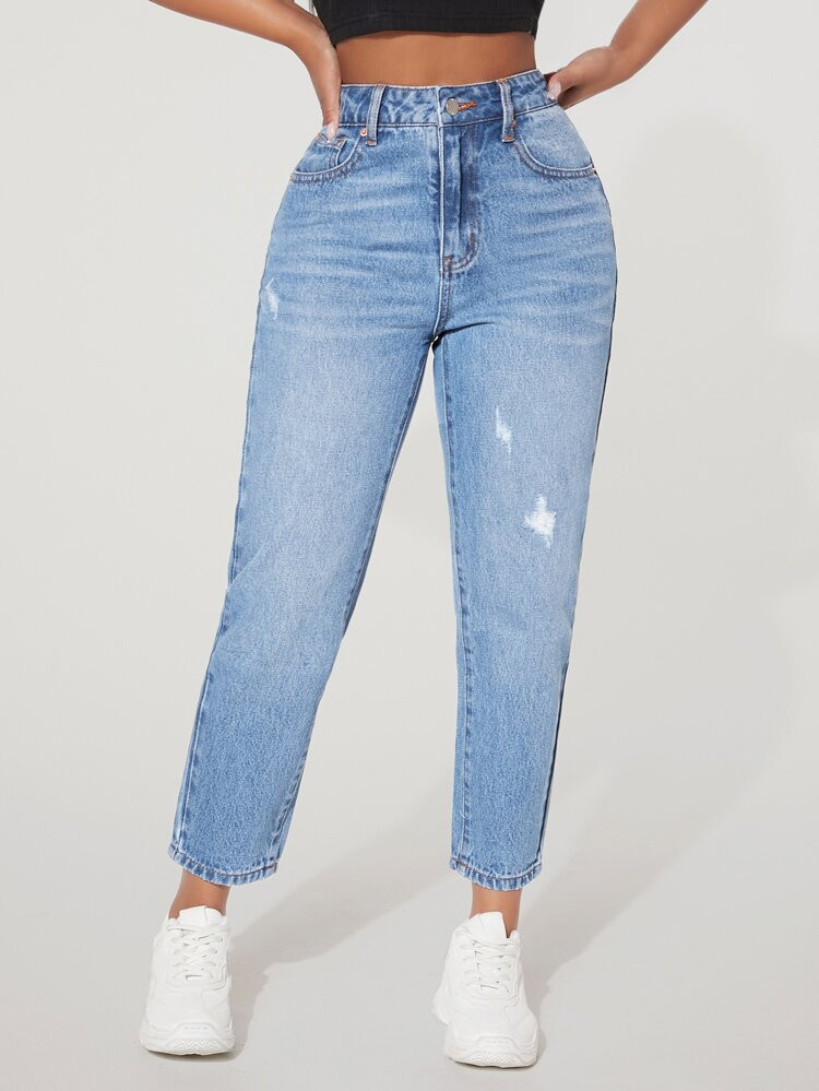 SHEIN PETITE Mom Fit Jeans mit Riss, hoher Taille | SHEIN