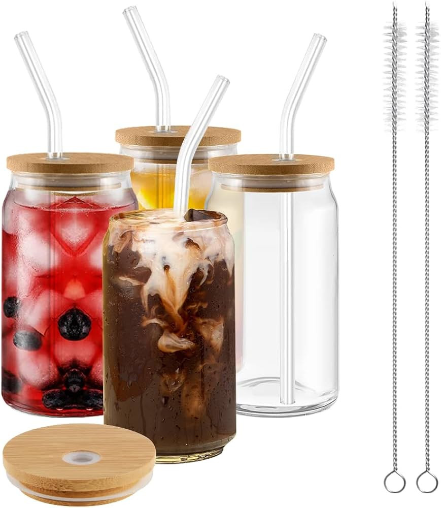 Drinking Glasses Beer Can Glass with Bamboo Lids and Glass Straws, 4 Pack 16 oz Glass Tumbler Can... | Amazon (US)