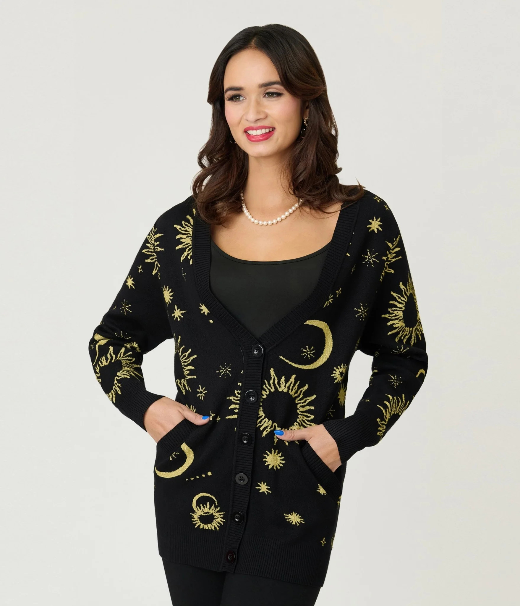 Unique Vintage Black & Gold Celestial Button Cardigan | Unique Vintage - North America