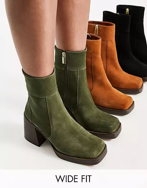 ASOS DESIGN Wide Fit Region suede mid-heel boots in khaki | ASOS (Global)