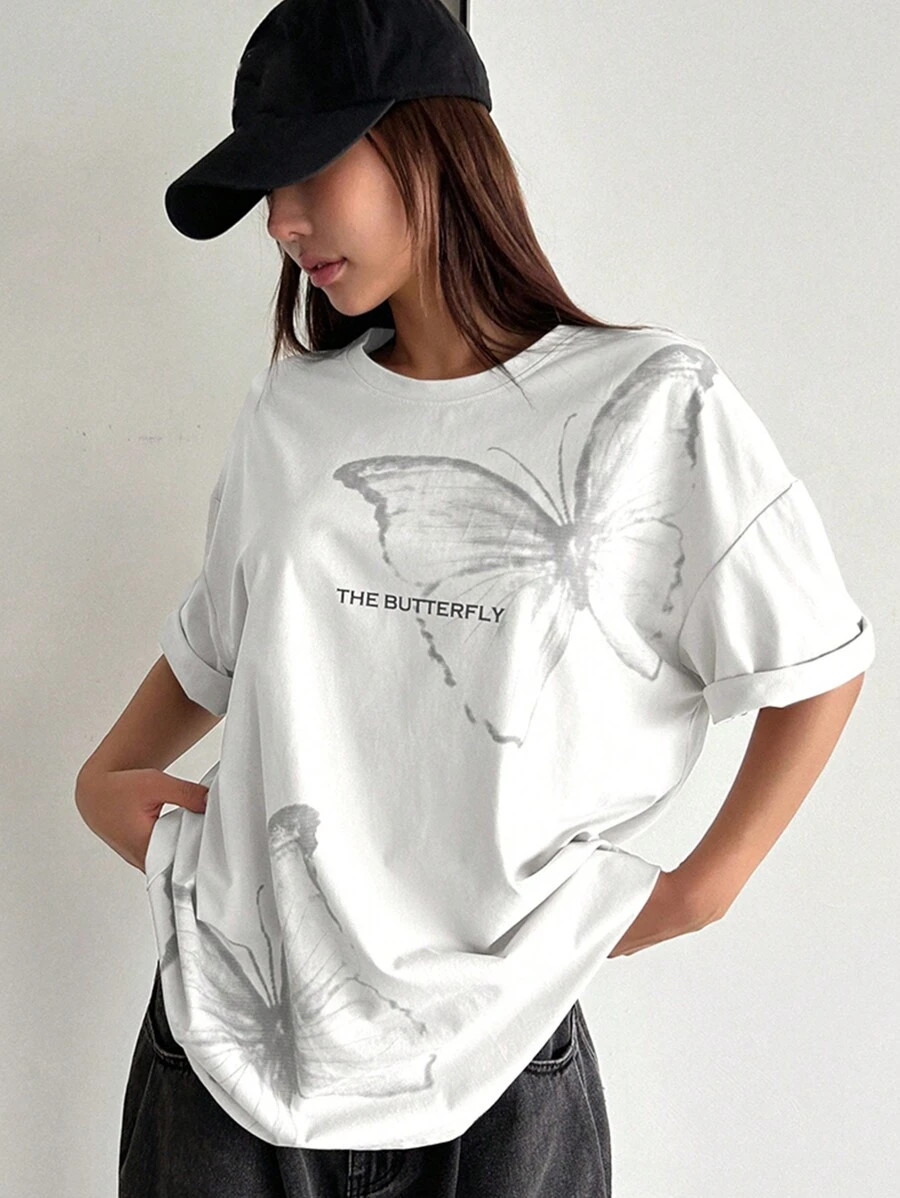 DAZY Women's Summer Loose Fit Casual T-Shirt With Letter & Butterfly Prints, Round Neck And Drop ... | SHEIN