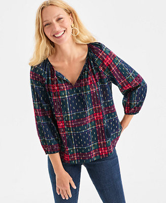 Style & Co Women's Plaid 3/4 Sleeve Split Neck Top with Lurex, Macy's Exclusive - Macy's | Macy's
