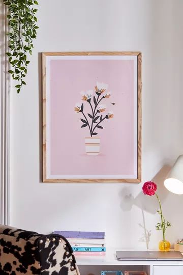 Charly Clements Bumble Bee Flowers Pink Art Print | Urban Outfitters (US and RoW)
