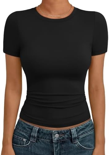 AUTOMET Women's Crew Neck Short Sleeve Summer Basic T-Shirt Stretchy Tight Fitted Soft Going Out ... | Amazon (US)