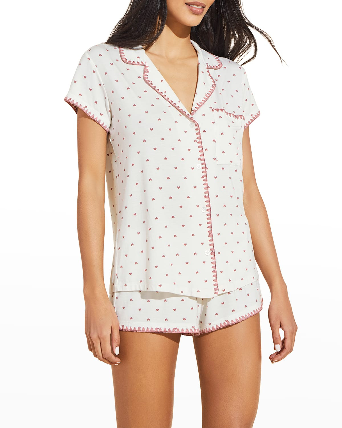 Frida Tencel Heart-Print Whipstitch Pajama Set | Neiman Marcus