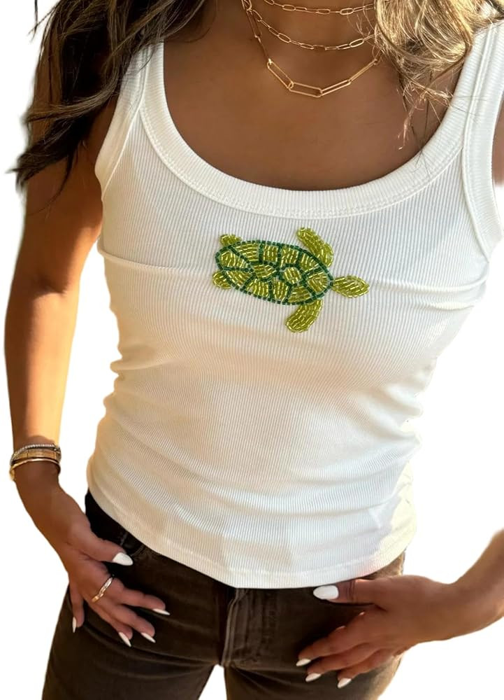 Women Beaded Embroidery Tank Top Teens Y2k Sequin Fruit Graphic Shirts Summer Seashell Ribbed Top... | Amazon (US)