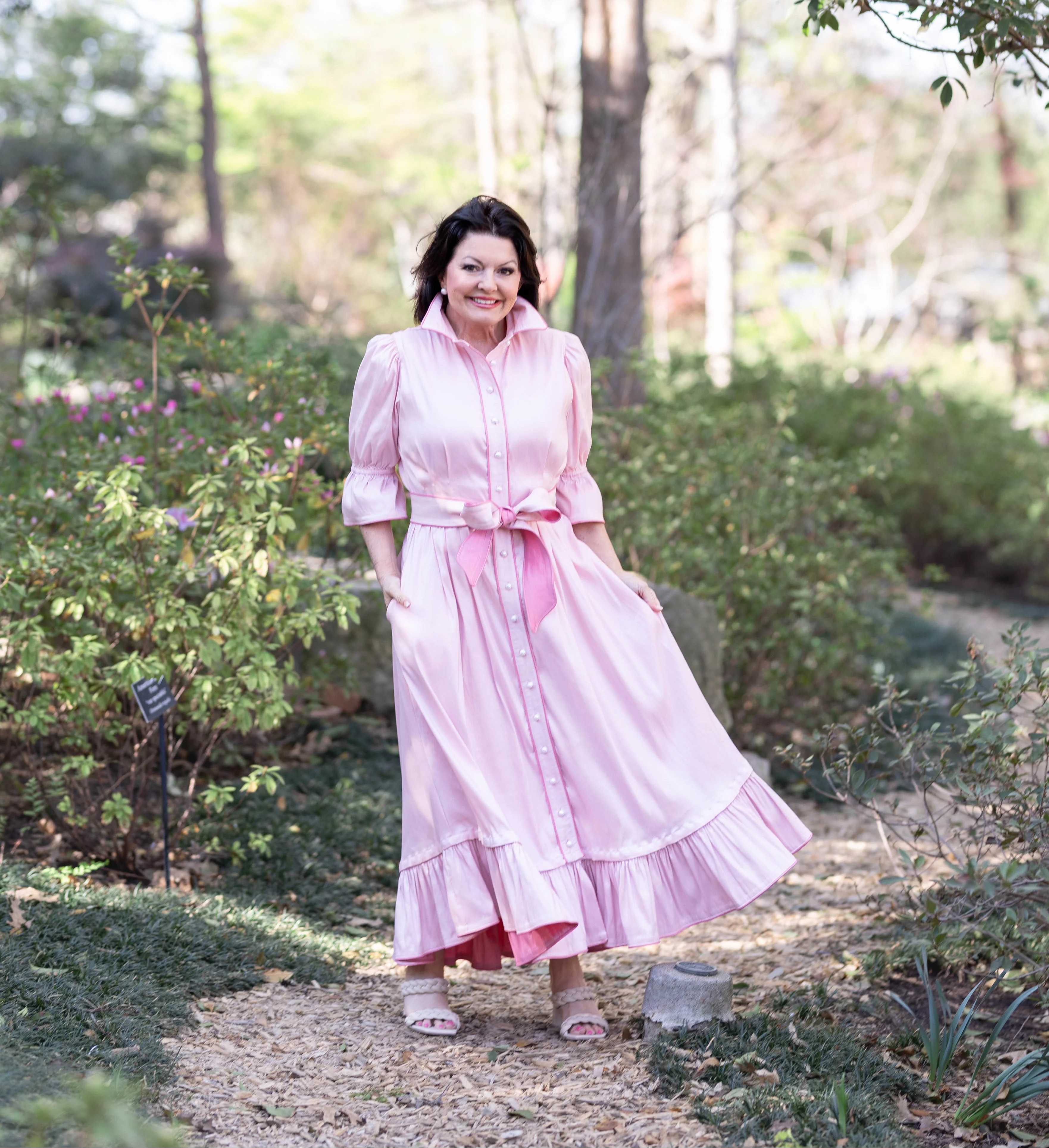 Carol Dress – Bubblegum Pink Taffeta Midi Dress with Detachable Hem, Pockets | Kim Lolley Designs