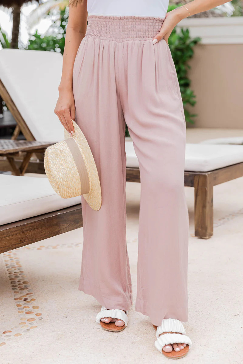 World Of Happiness Mauve Smocked Waist Pants | The Pink Lily Boutique