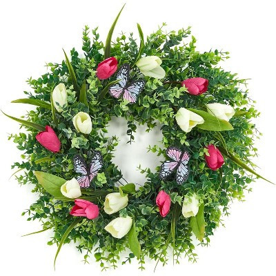 Spring Summer Wreath for Front Door 18 In Artificial Tulips Wreath with Eucalyptus Leaves Colorful Silk Flowers Butterflies for Indoor Outdoor | Target