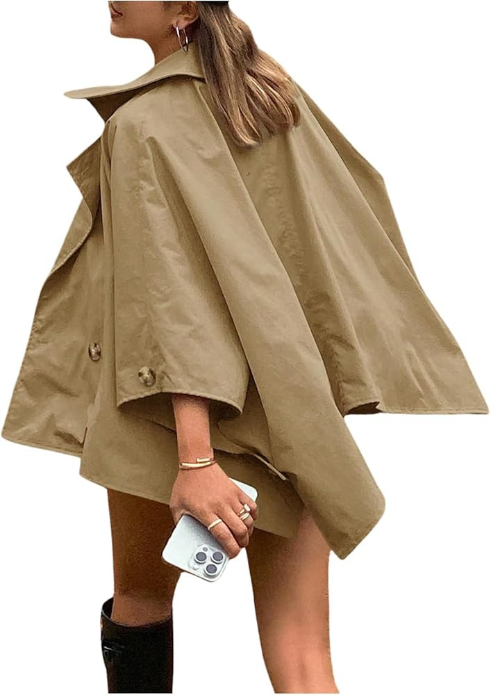 MakeMeChic Women's Button Down Jacket Collared Long Sleeve Cloak Poncho Cape Trench Coat | Amazon (US)