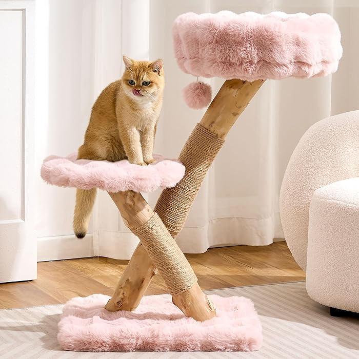 HITTITE Natural Solid Wood Cat Tree Tower with Scratching Post, 32 Inches Tall Modern Cat Tower w... | Amazon (US)