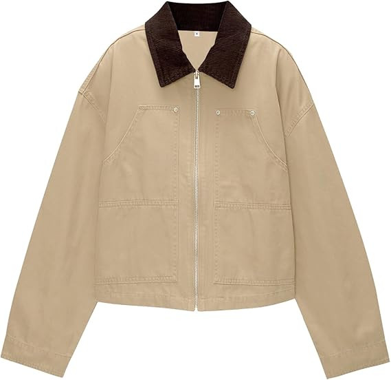 Womens Lightweight Jacket with Corduroy Collar Oversized Barn Jackets Cropped Zip Up Workwear Jac... | Amazon (US)