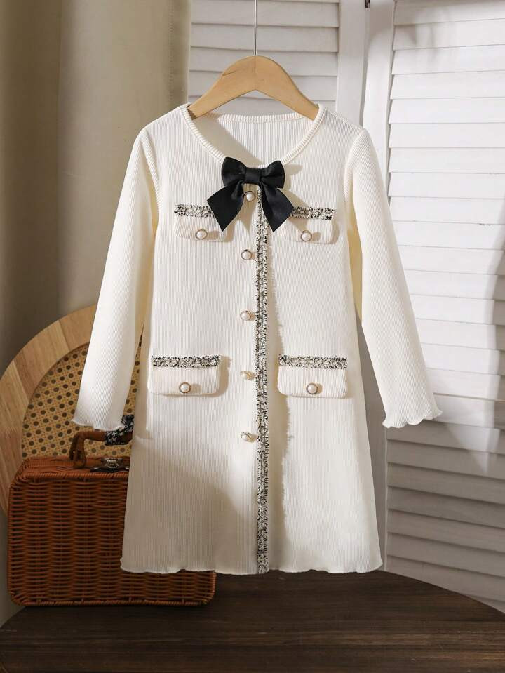 Young Girl Front Button Bow Decor Long Sleeve Pocket Dress | SHEIN