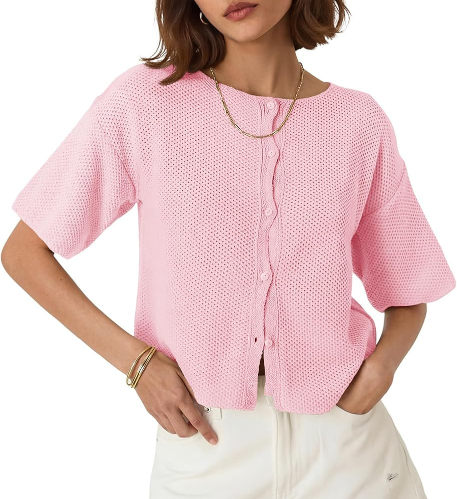 Saodimallsu Womens Short Sleeve Cardigan Summer Lightweight Button Down Waffle Knit Loose Crew Ne... | Amazon (US)