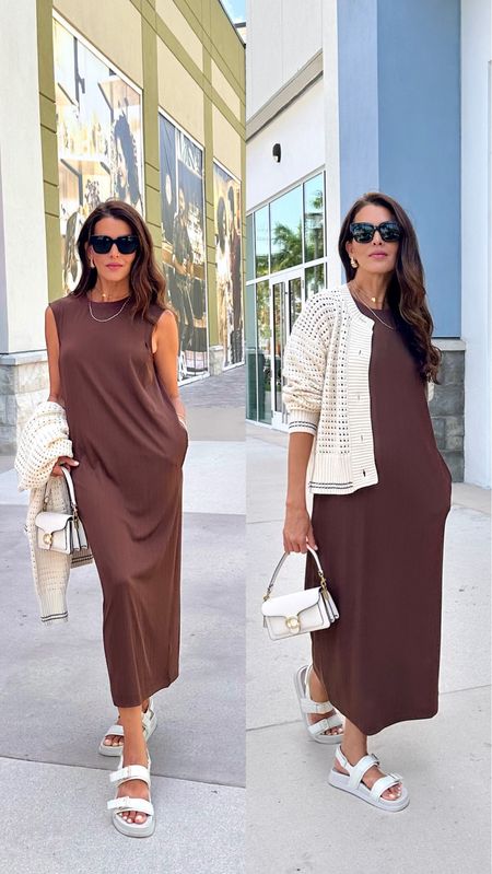 Comfy Summer elegance! These summer knits and dresses are so lightweight and chic. Dress in size S. Cardigan in size M for an oversized fit. Coach tabby 20. This dress is perfect for travel.

Varley dress, casual dress, casual outfit, lightweight cardigan. 

#LTKOver40 #LTKSeasonal #LTKTravel
