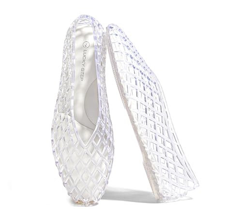 LUCKY STEP Women's Jelly Ballet Flats Mesh Casual Comfortable Jellies Shoes Clear Hollow Breathable Sandals(9 M US Transparent) | Amazon (US)