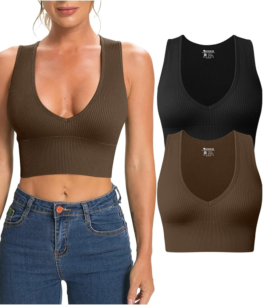 Women's 2 Piece Tank Tops Ribbed Sleeveless Sexy Deep V Neck Removable Cups Yoga Crop Tops | Amazon (UK)