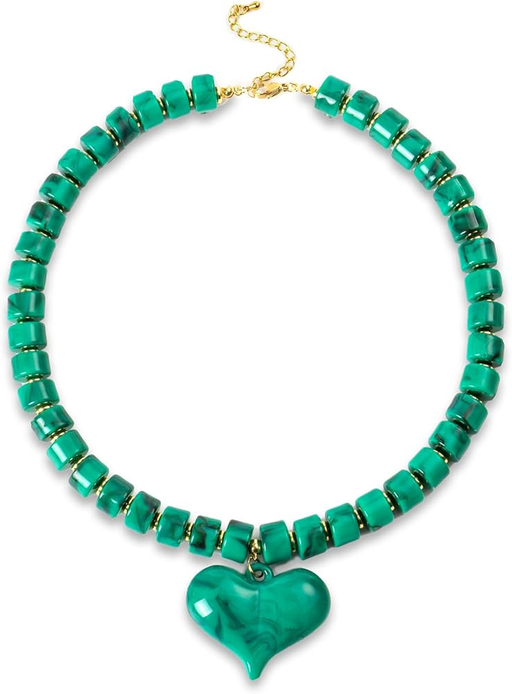 Brown Acrylic Puff Heart Pendant Necklace for Women Exaggerated Statement Chunky Resin Beaded Str... | Amazon (US)