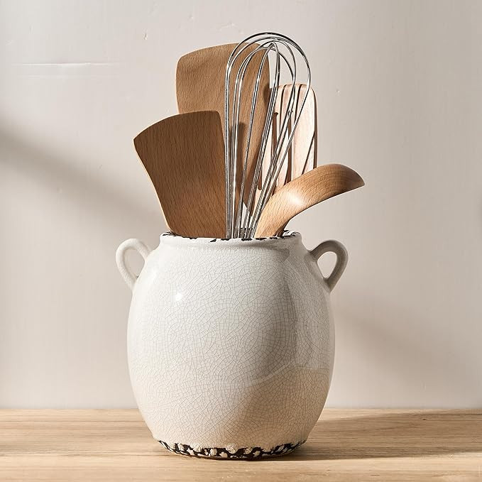 JIEMEI HOME Kitchen Utensil Holder with Handle, 6.69" Ceramic Farmhouse Stable Utensil Crock for ... | Amazon (US)