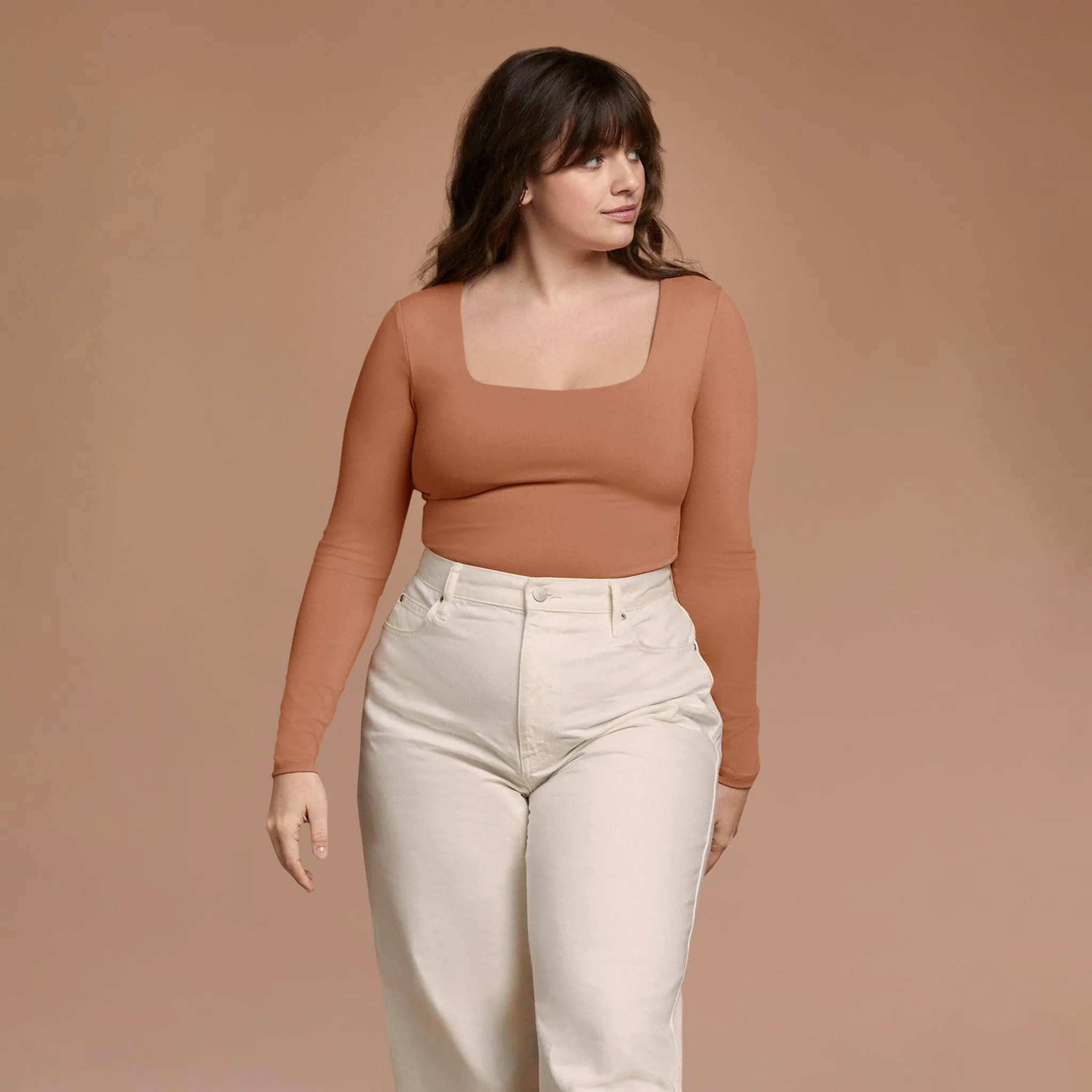 Women's Square Neck Bodysuit - Clay - nuuds | nuuds