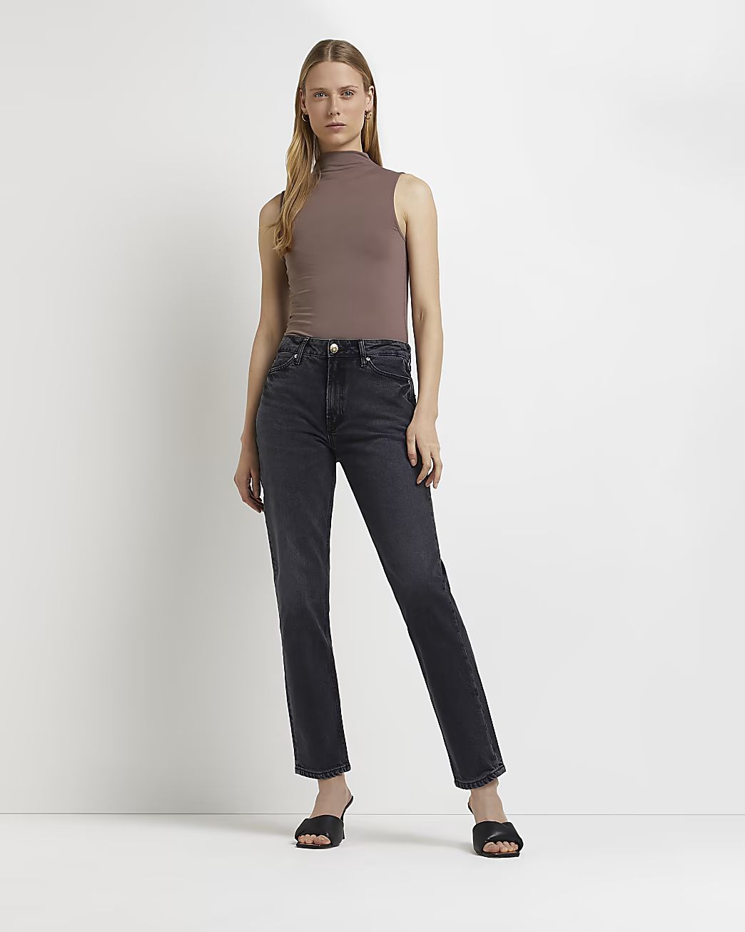 Black high waisted straight jeans | River Island (UK & IE)