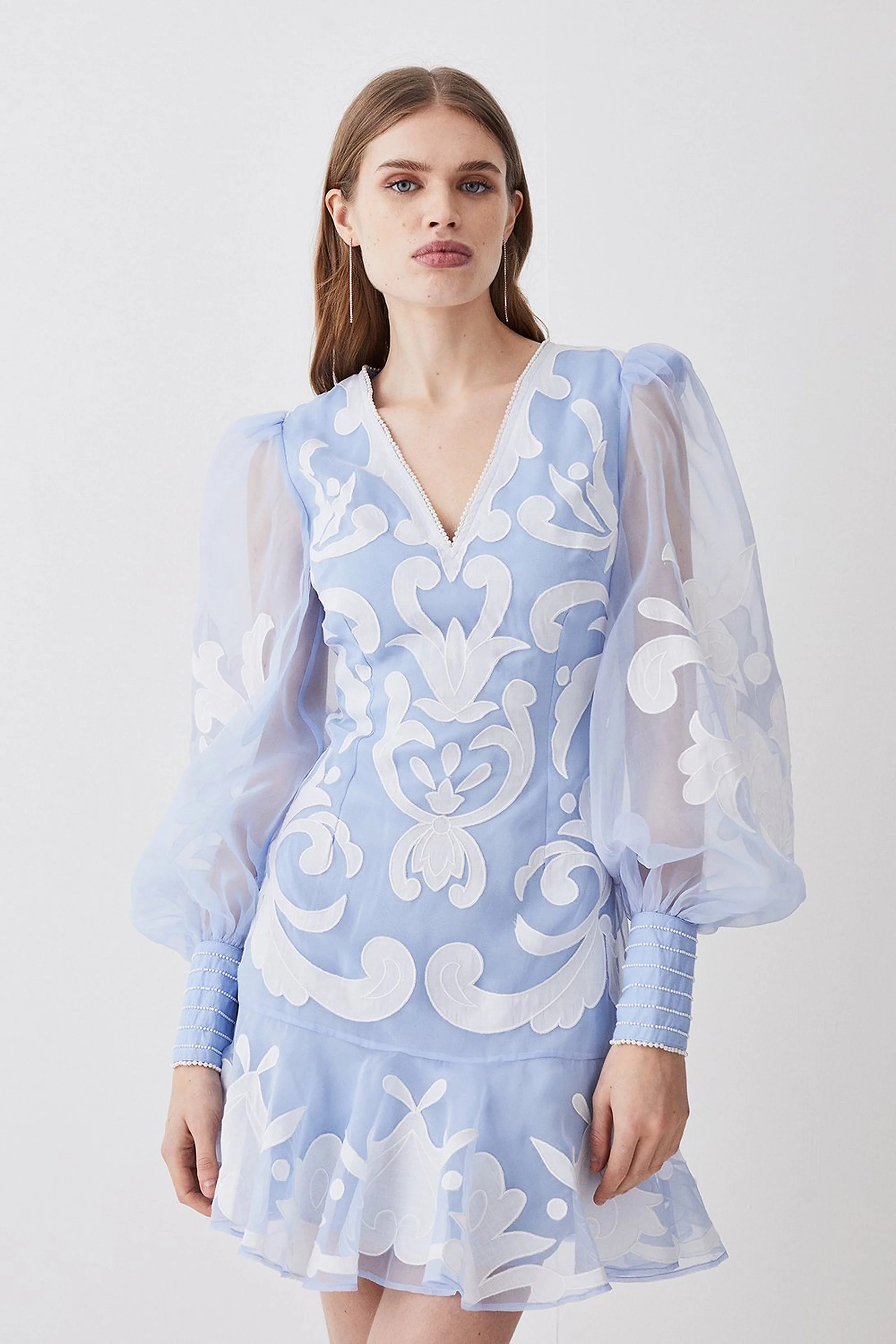 Tall Applique Organdie Buttoned Woven Mini Dress | Karen Millen UK + IE + DE + NL