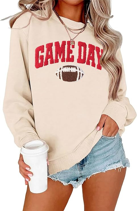 Game Day Football Sweatshirt Women Football Season Chenille Patch Pullover Shirt Long Sleeve Casu... | Amazon (US)