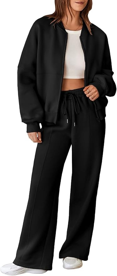 Aleumdr Women's 2 Piece Outfits Oversized Fleece Sweatsuit Zip Up Long Sleeve Sweatshirt with Wid... | Amazon (US)