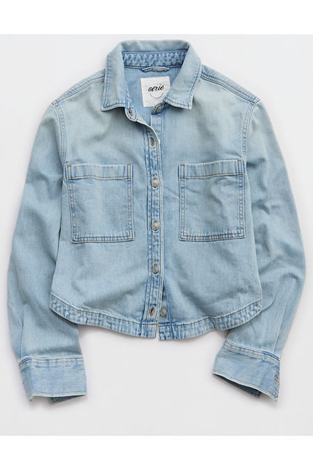 Aerie Cropped Buttondown Shirt Women's Light Wash XXS | American Eagle Outfitters (US & CA)