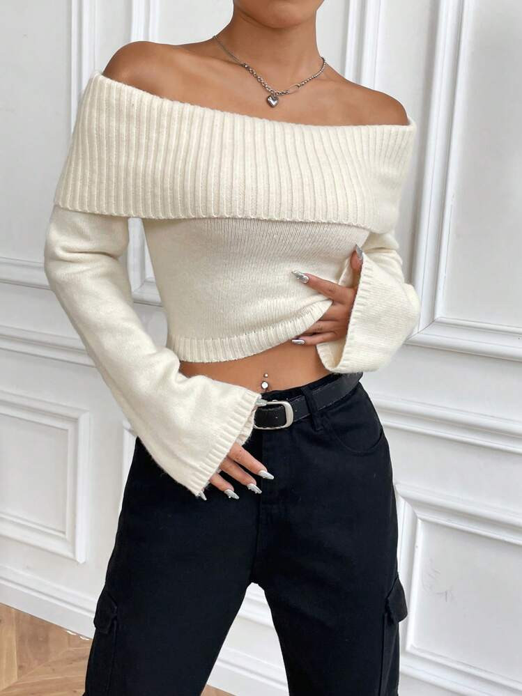 Flirla Foldover Off Shoulder Trumpet Sleeve Crop Sweater,Long Sleeve Tops Knit Pullover Fall Winter Outfit | SHEIN