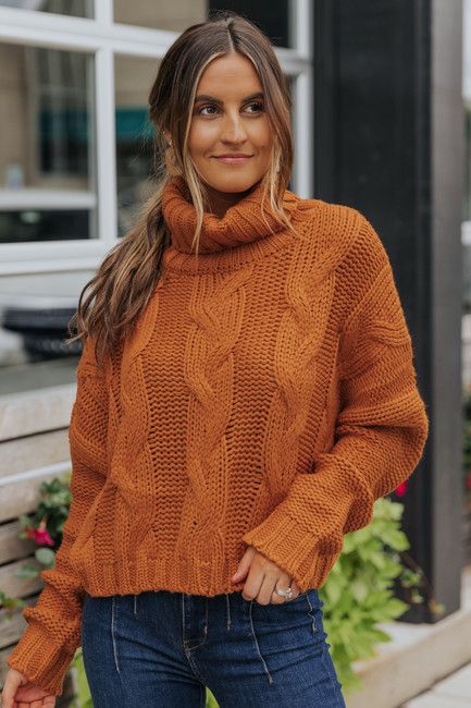 Burnt Orange Chunky Cable Knit Cowl Neck Sweater | Magnolia Boutique