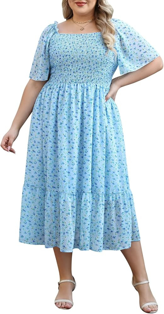Keluummi Plus Size Summer Floral Midi Dress for Women V-Neck Empire Waist | Amazon (US)