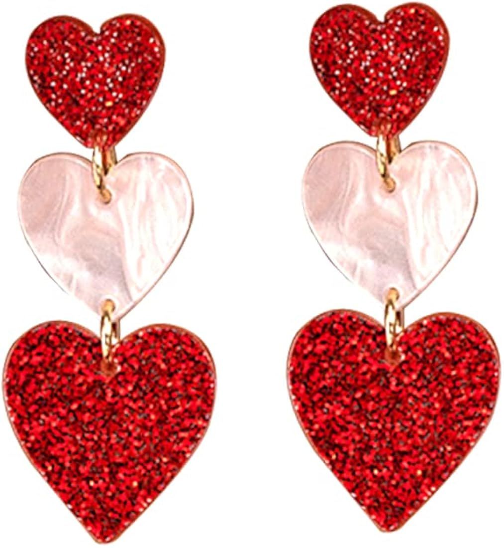 Pink Red Heart Earrings for Women Geometric Big Love Heart Dangle Earrings Girls Sparkly Heart Ea... | Amazon (US)