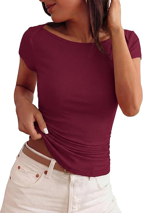 BTFBM Womens Summer Tops 2026 Ribbed T Shirts Crew Neck Short Sleeve Stretchy Ruched Slim Fit Wor... | Amazon (US)