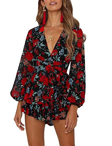 Relipop Women's Romper Floral Print V Neck Baggy Sleeve Waist Tie Layered Ruffle Hem Short Casual... | Amazon (US)